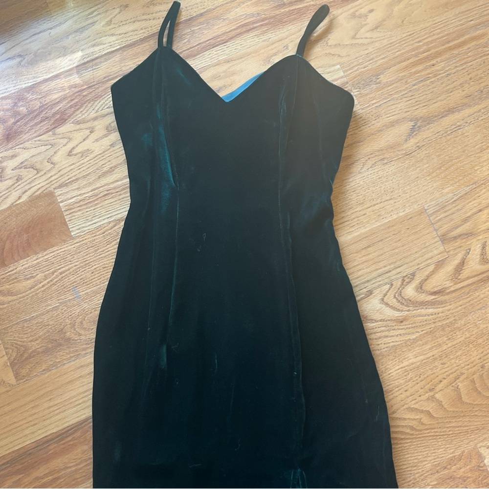 Vintage Roberta Dark Green Velvet Dress Spaghetti Strap Front Slit Size 3/4 - Picture 8 of 10